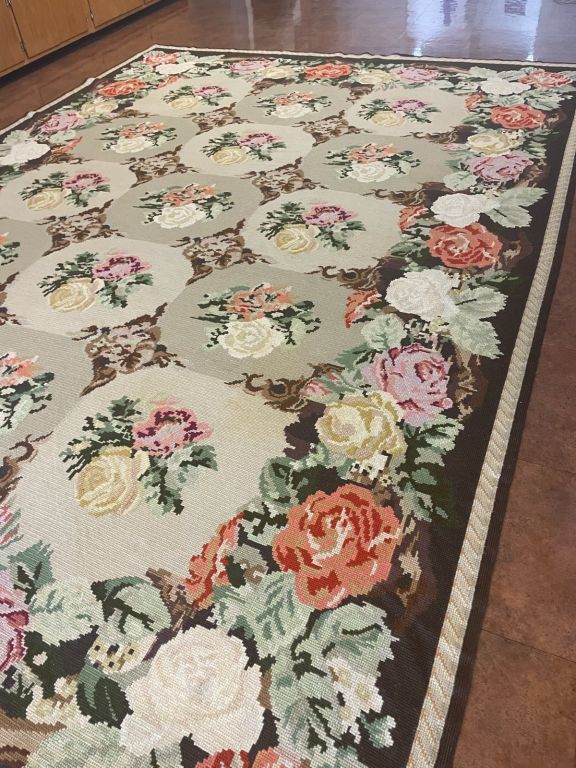Vintage Portuguese Handwoven Floral Needlepoint Home Decoration Rug 120” x 170”.