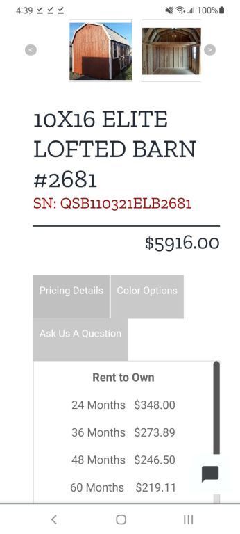 10x16 elite lofted barn storage building