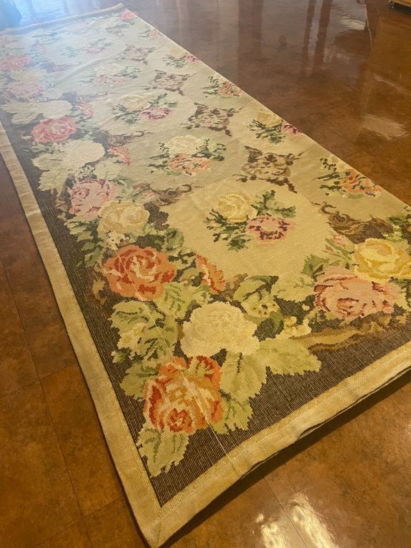 Vintage Portuguese Handwoven Floral Needlepoint Home Decoration Rug 120” x 170”.