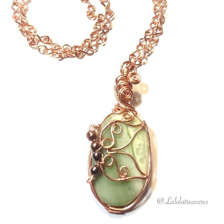 Copper Wire Wrap Green Opal Stone Pendant with Butterfly