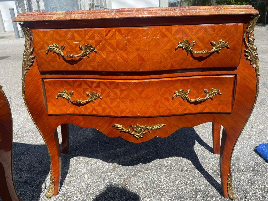 Set of 2 FRENCH Louis XV Style MARBLE Bronze Mounted COMMODE Chest Antique XV