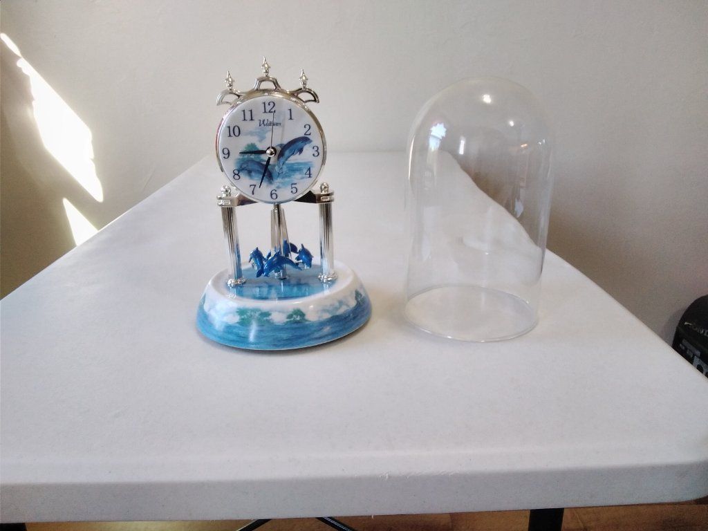 Used Not Working WALTHAM ANNIVERSARY GLASS DOME CLOCK ROTATING DOLPHIN