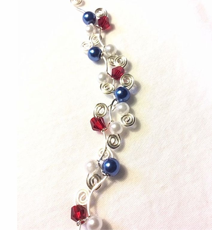 Patriotic Silver Swirls Necklace with Red, White  and Blue Beads