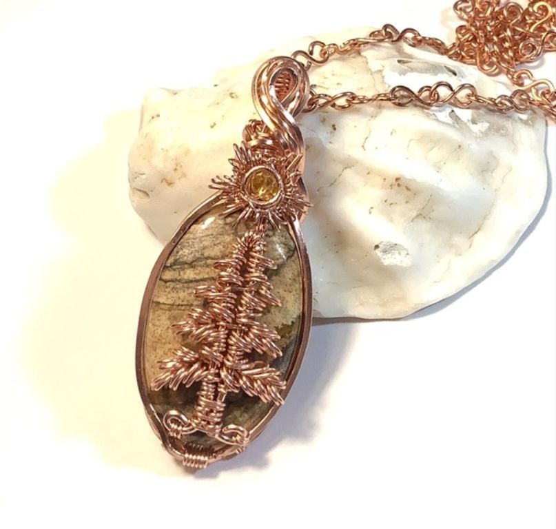 Copper Wrapped Jasper Gemstone Tree under the Sun Pendant