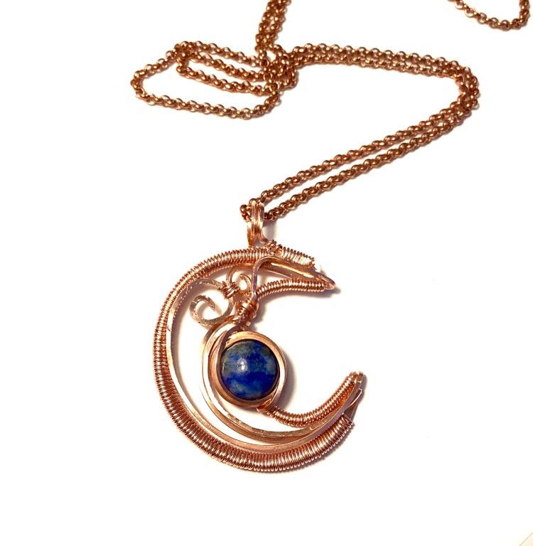 Copper Crescent Moon Pendant with Lapis Lazuli