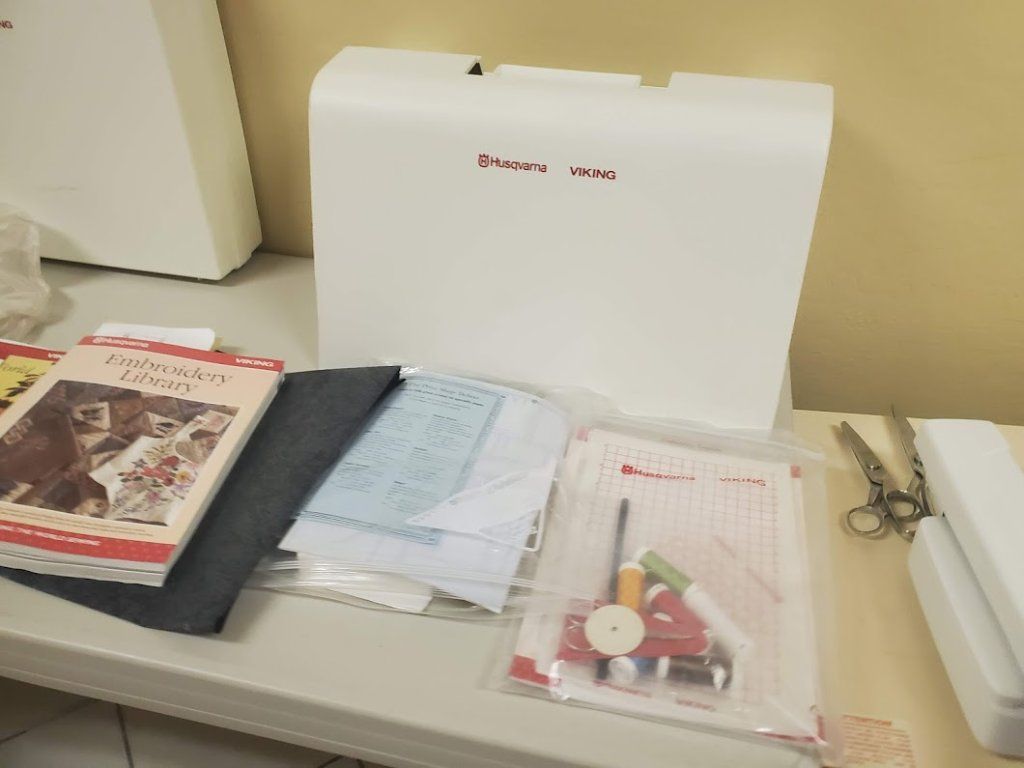 Viking Designer 1 Package Sewing and Embroidery 1000L Embroidery Attachment Koala Cabinet And More