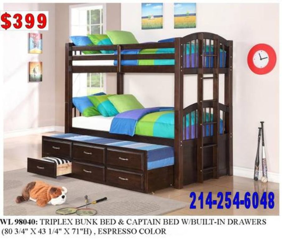 >TRIPLEX BUNK_BEDS AND CAPTAIN BED W/BUILT IN DRAWERS..NEW