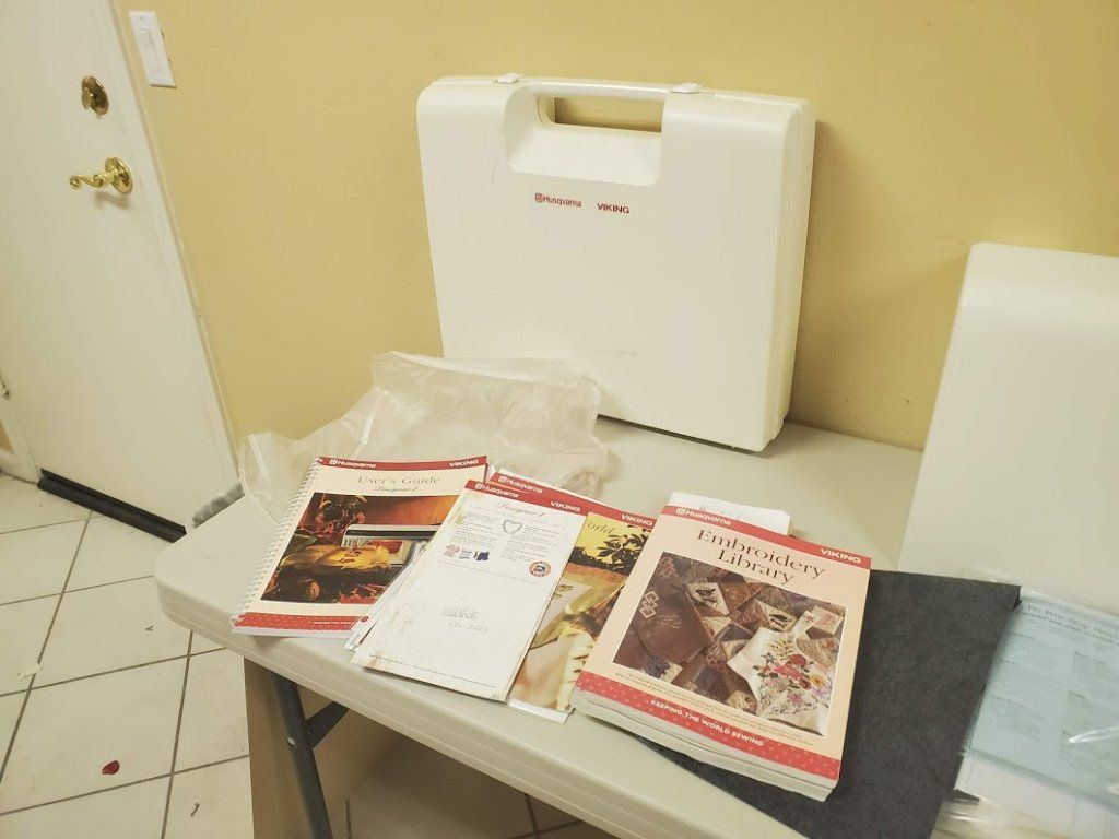 Viking Designer 1 Package Sewing and Embroidery 1000L Embroidery Attachment Koala Cabinet And More