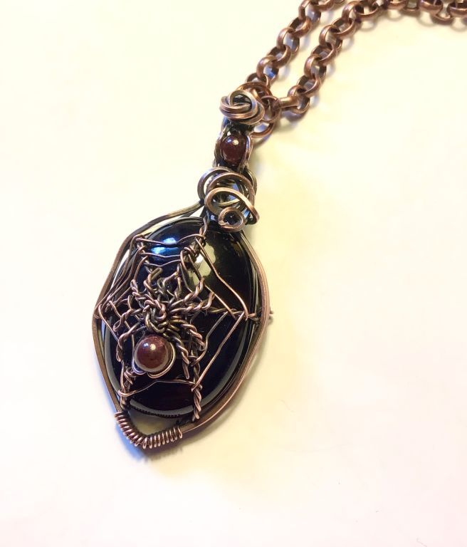 Copper Wire Wrap Onyx Stone Spider Pendant