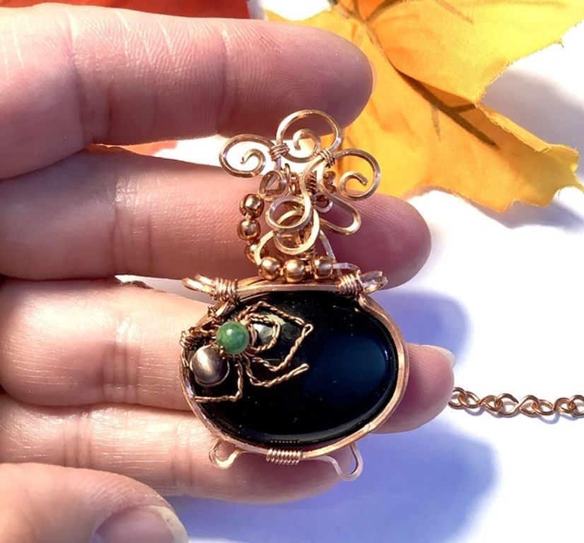 Copper Wire Wrap Onyx Stone Cauldron Pendant