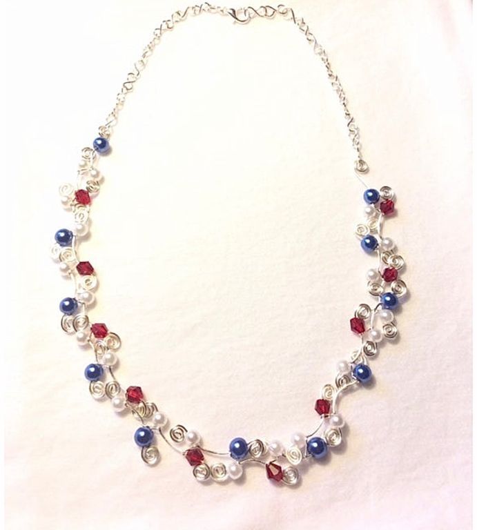 Patriotic Silver Swirls Necklace with Red, White  and Blue Beads