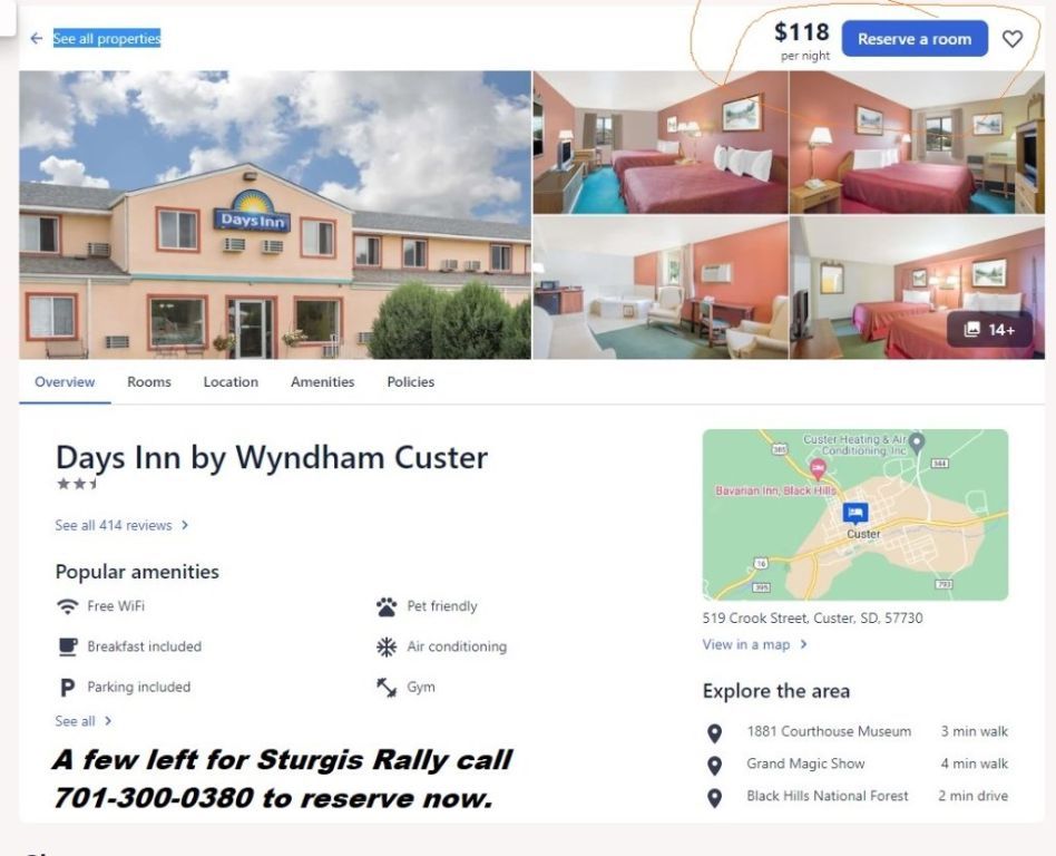 Stay for the Sturgis Rally if camping isn't for you! $118.00 a night , Subject to change. Call 701-3