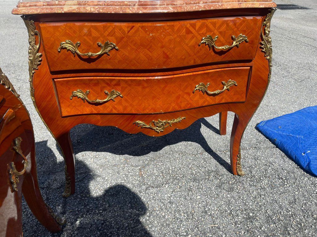 Set of 2 FRENCH Louis XV Style MARBLE Bronze Mounted COMMODE Chest Antique XV