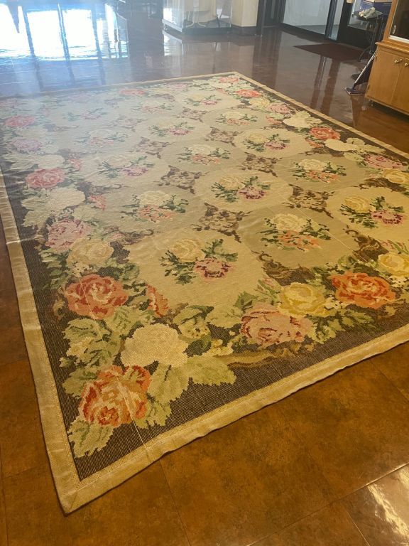 Vintage Portuguese Handwoven Floral Needlepoint Home Decoration Rug 120” x 170”.