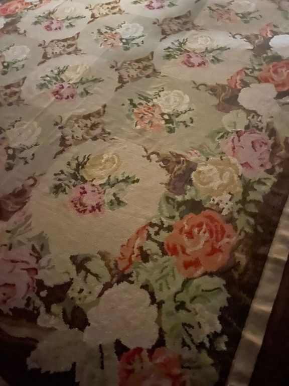 Vintage Portuguese Handwoven Floral Needlepoint Home Decoration Rug 120” x 170”.
