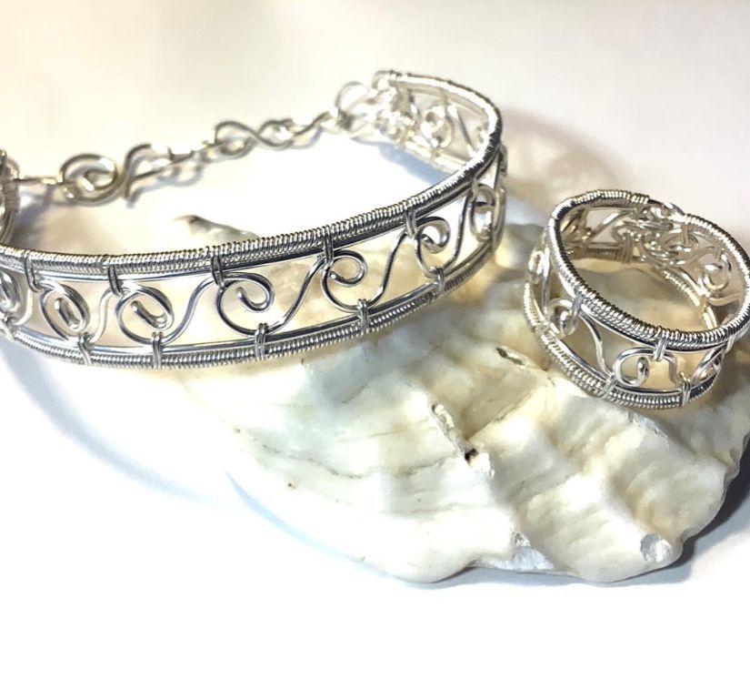 Wire Wrap Ocean Waves Bracelet and Ring Set