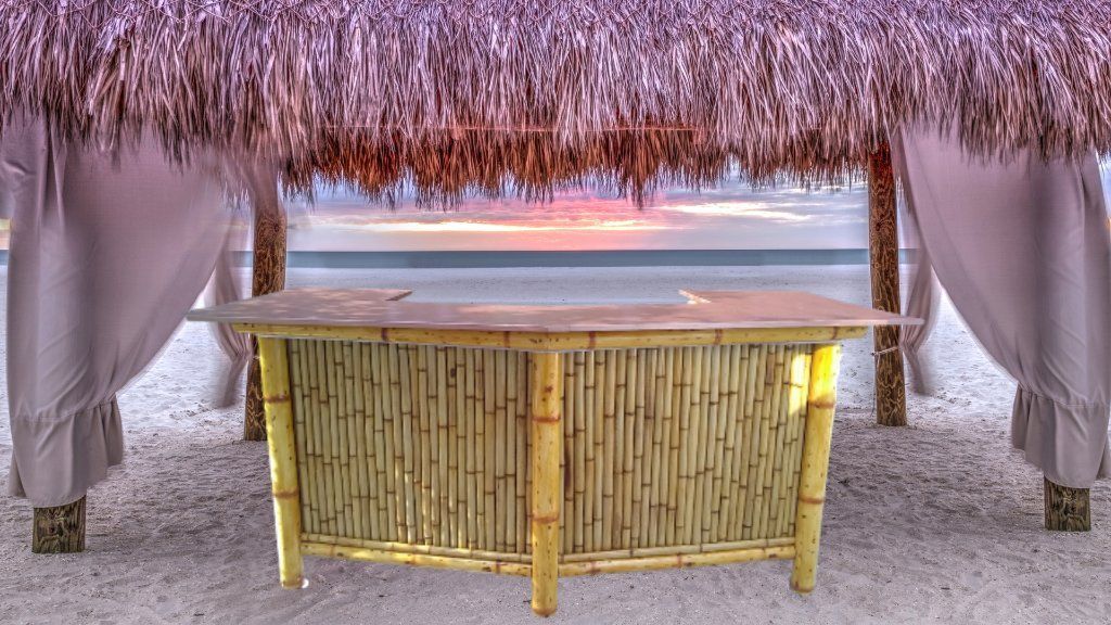 Bamboo Tiki Bar with storage cabinets. Outdoor patio furniture. Dining table