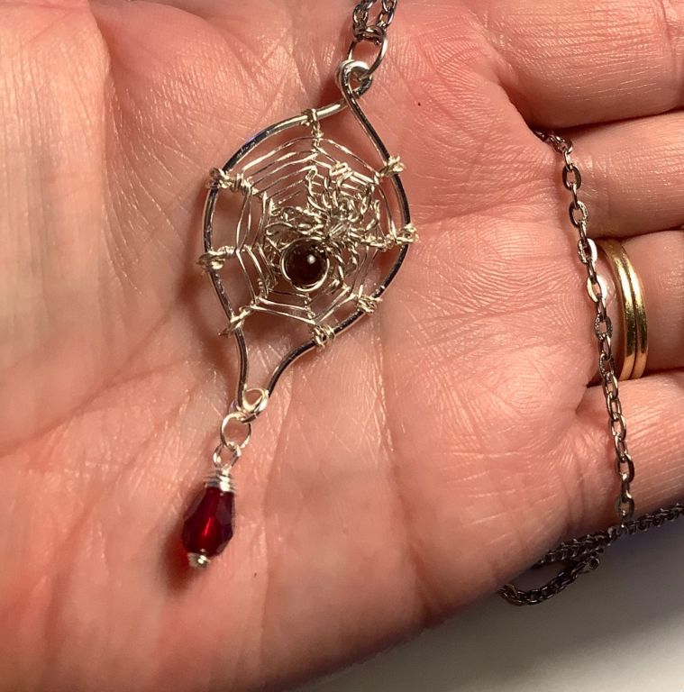 Silver spiderweb Pendant with Red Teardrop Crystal