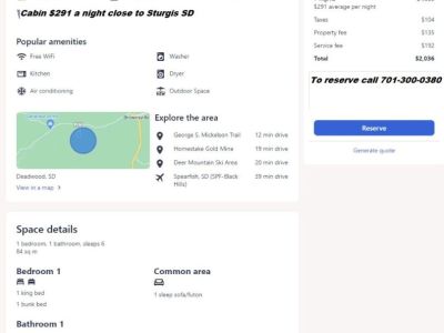 A cozy cabin near Sturgis still available for rent In DEADWOOD SD call 701-300-0380