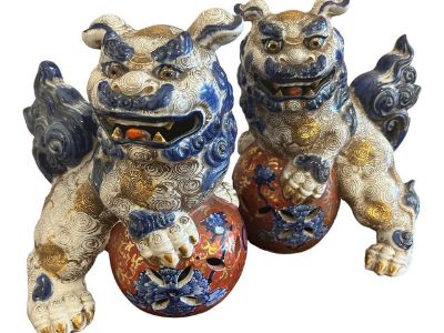 Pair 1940s Porcelain Foo Dogs