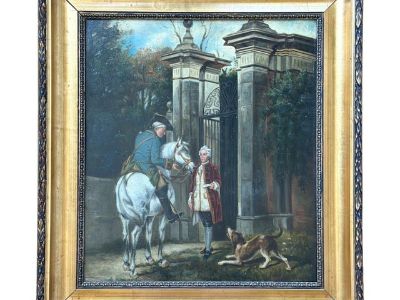 Figures at the Gate With Horse and Hound, 19th Century Continental School, Framed
