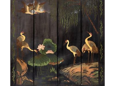 Vintage Black Lacquer Four-Panel Hand-Painted Screen with Red-Crowned Cranes