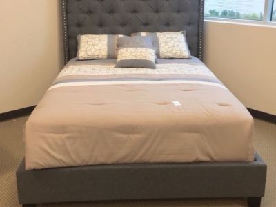 New In Box- Grey Queen Modern Tufted bed with Nailhead Trim