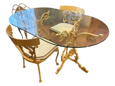 1970s Oval Glass Table With Solid Metal Scroll Base and 3 Metal Scroll Chairs