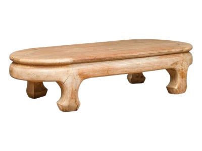 Vintage Thai Teak Oval Top Coffee Table with Whitewash Finish and Chow Legs