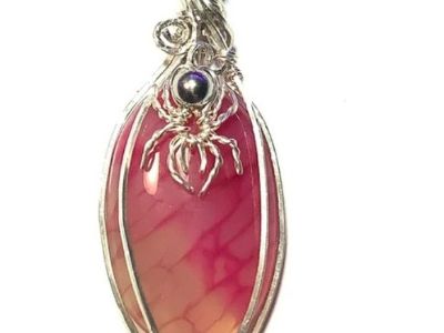 Sterling Silver Wrap Pink Dragon Vein Agate Spider Pendant