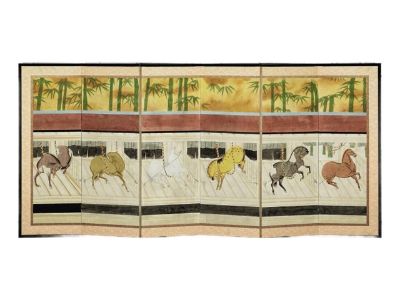 Six-Panel Japanese Inspired Screen with Horses in Stable with Bamboo Backdrop