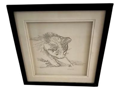 Vintage Original Pencil Drawing of a Kitten