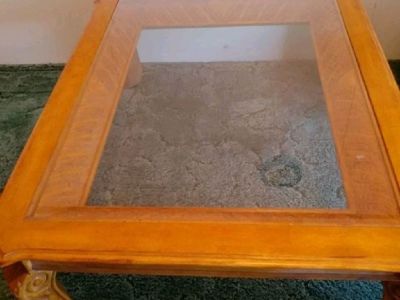 Large Oak Coffee Table with glass top and matching end table