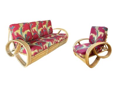 1940s Restored Mid-Century Rattan 4-Strand 3/4 Pretzel Sofa & Chair Living Room Set- 2 Pieces