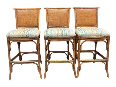 Set of 3 Tommy Bahama Rattan Bar Stools With Cane Backs & Upholstered Seats