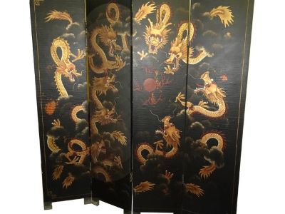 Vintage Oriental Asian Black & Gold Four Panel Screen Room Divider ~ Dragons