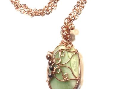Copper Wire Wrap Green Opal Stone Pendant with Butterfly