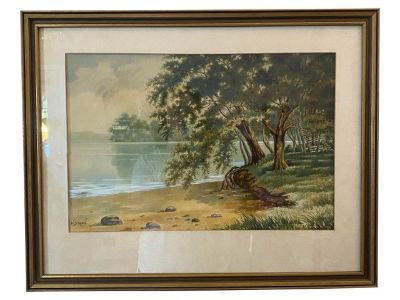 Vintage Mid-Century Landscape Watercolor Lake Scene Framed Wall Art Signed W Dixon