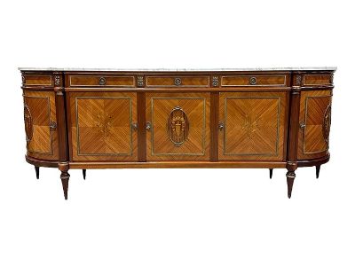 1910s Long French Louis XVI Demilune Mahogany Sideboard Carrera Marble Top