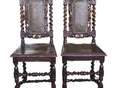 19th Century Gothic Revival Carved Side Chairs With Leather Upholstery - Set of 2