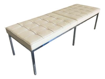 Tufted Cream Leather and Chrome Bench by Florence Knoll for Knoll