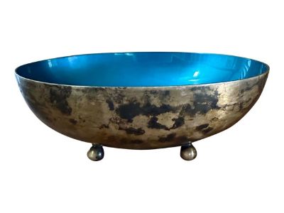 Mid-20th Century Reed & Barton Silver Plate Oval Bowl With Blue Enamel Interior