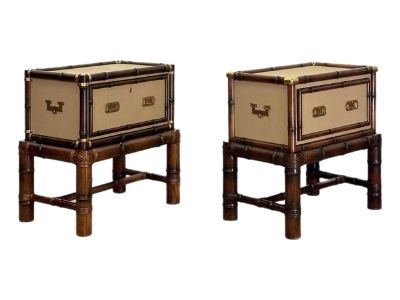 1992 Ralph Lauren Cameron Rattan, Canvas & Faux Bamboo Campaign Large Night Tables – A Pair