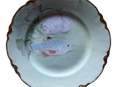 Vintage Hand-Painted Plate/Hanger With Fish and Flowers in Pastel Colors