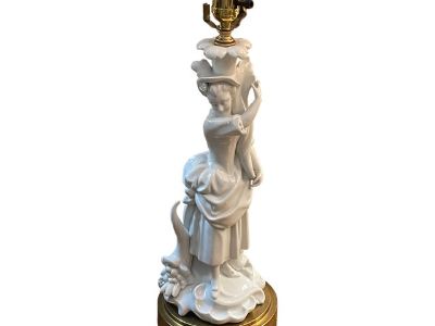 Antique Rococo Style German White Porcelain Figural Lady Table Lamp