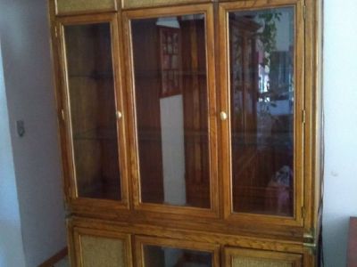 Rare Lighted Solid Oak and wicker China hutch/ buffet