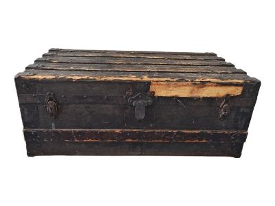 Antique Wood and Canvas Flat Top Steamer Trunk Circa 1890's