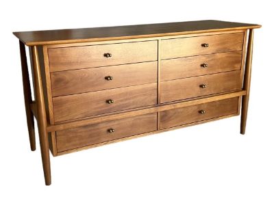 Refinished Mid Century Walnut and Brass Lowboy Dresser