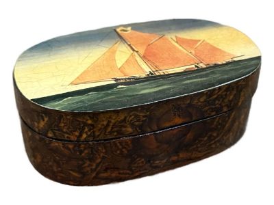 Traditional Nautical Decoupage Tall Sailing Ship Faux Burled Wood Lacquer Box