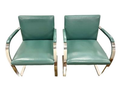 Pair of Mid Century Brno Chrome Flat Bar Teal Leather Chairs